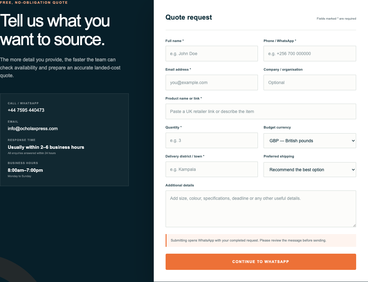 Ochola Xpress quote section showing the structured request journey